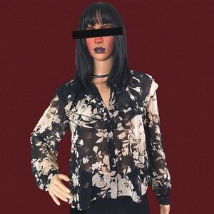 Zara black and cream floral sheer blouse with ruffle collar